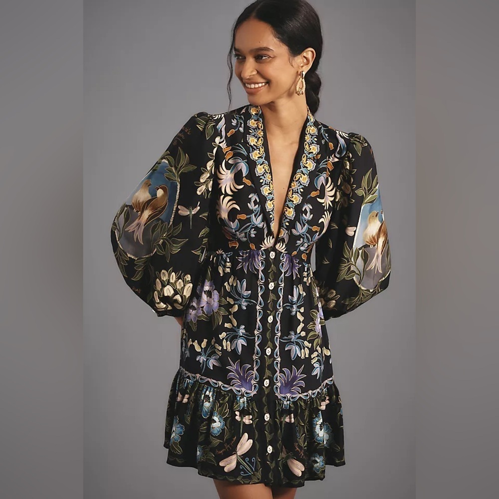new Farm Rio Black Winter Garden long sleeve floral mini dress